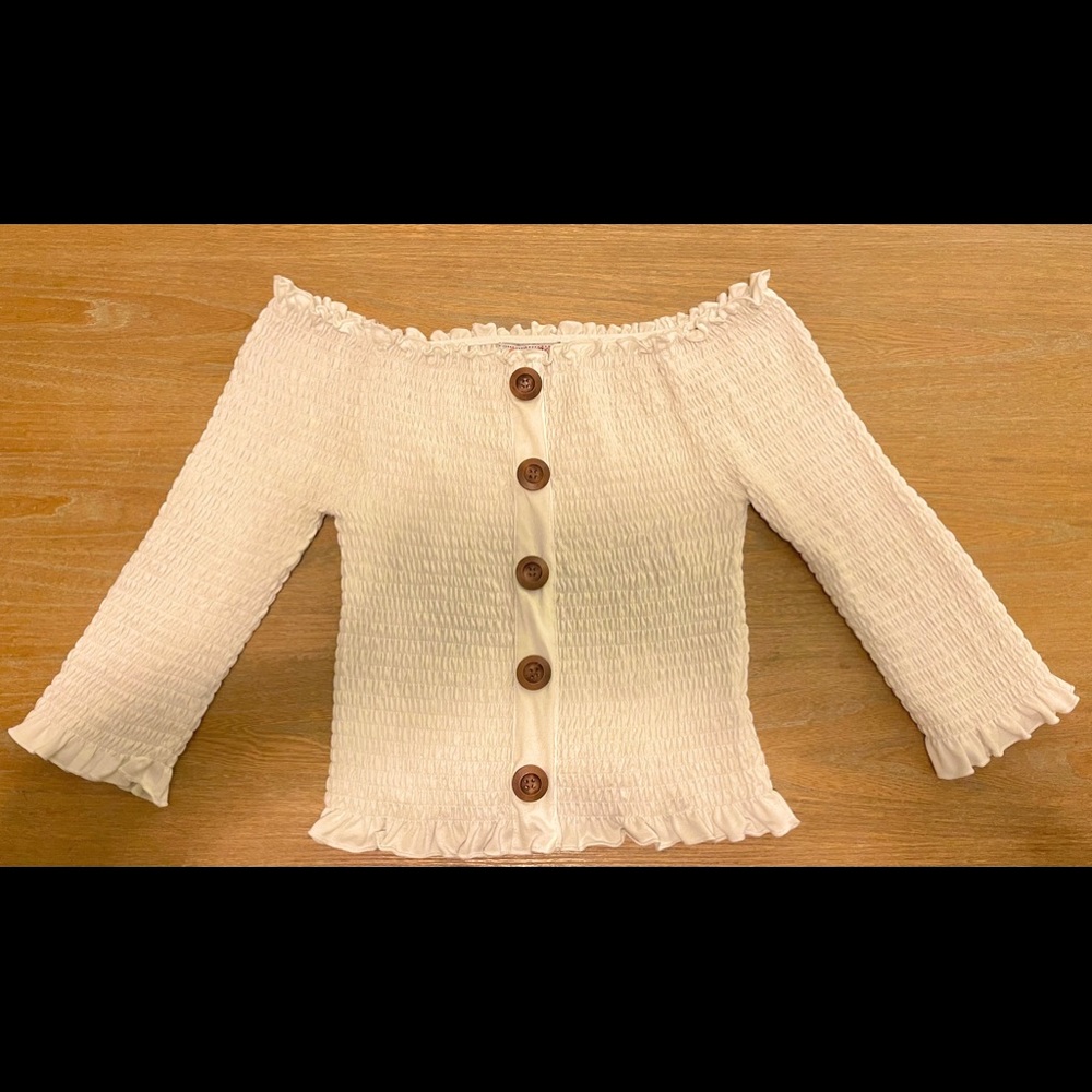 White off the shoulder shirred frill top